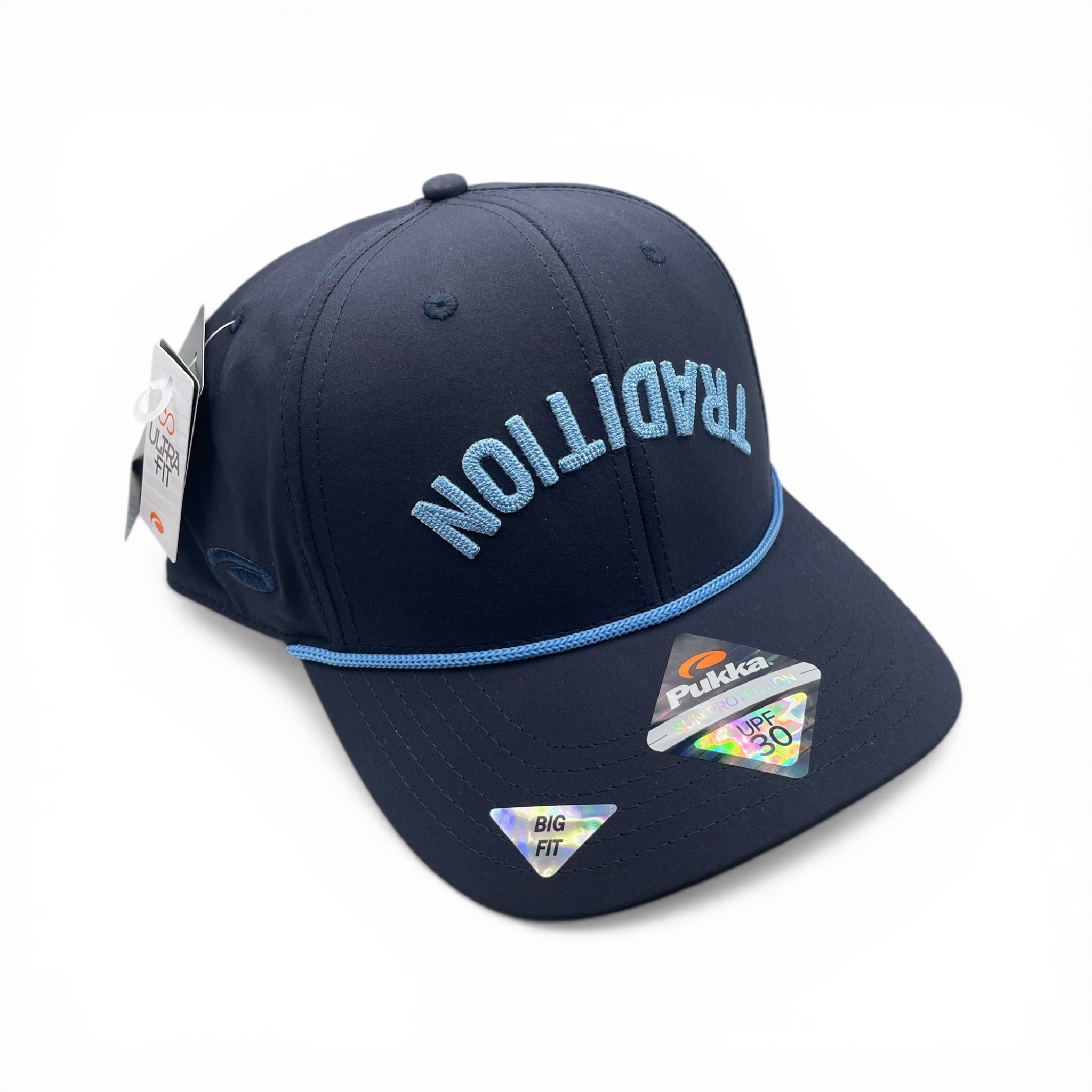 Upside Down Carolina Blue TRADITION on Navy Hat Big Fit