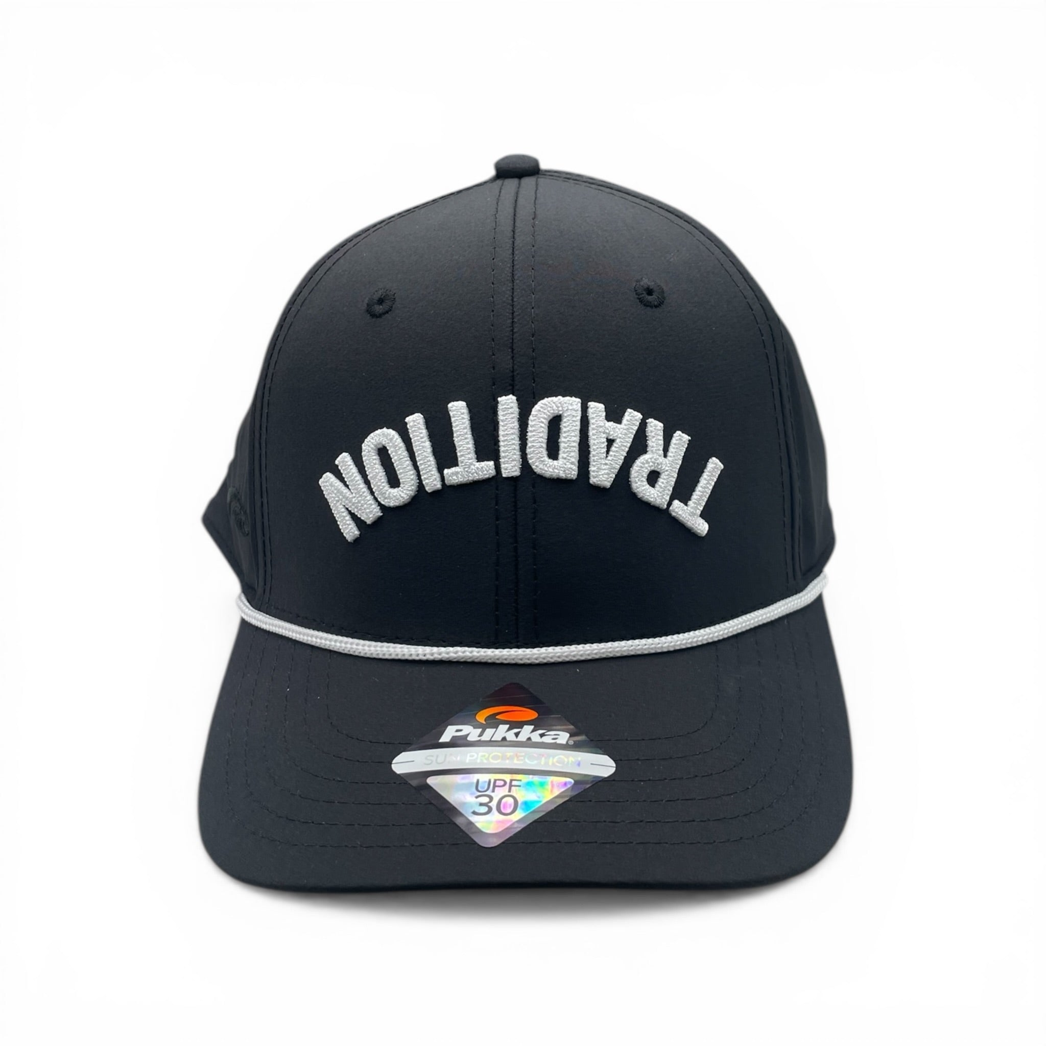 Upside Down White TRADITION on Black Hat