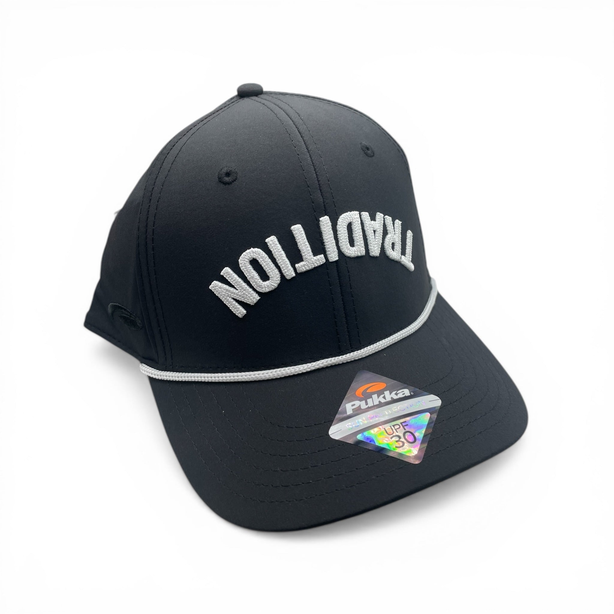 Upside Down White TRADITION on Black Hat